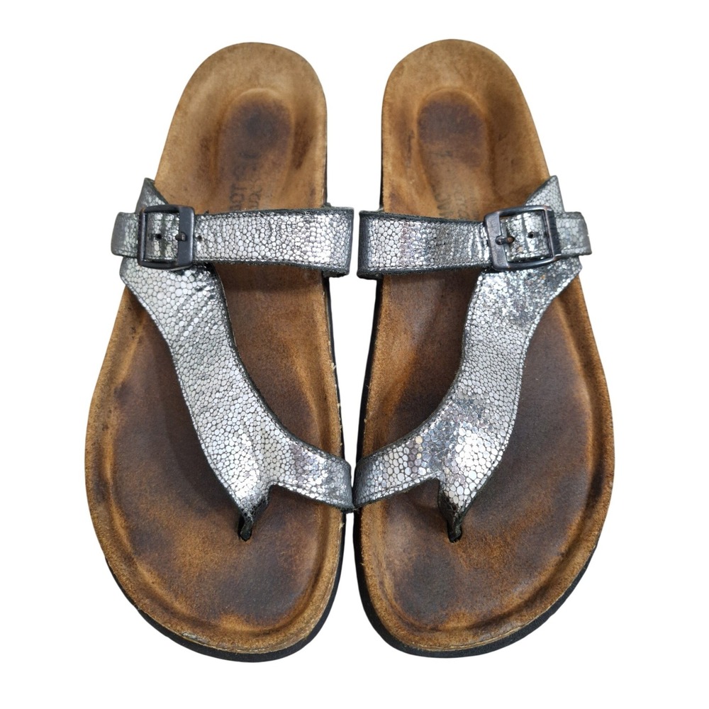 Naot Dorith Women Silver Metallic Textured Leather Cork Footbed Sandals Size 8.5